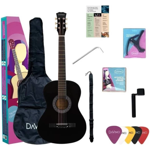 DAVINCI DF-50A BK PACK - акустическая гитара в комплекте с аксессуарами фото 1