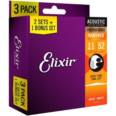Комплект струн из трех упаковок для акустической гитары Elixir 16544 11-52 Custom Light Bonus. фото 1