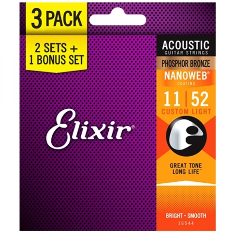 Комплект струн из трех упаковок для акустической гитары Elixir 16544 11-52 Custom Light Bonus. фото 2