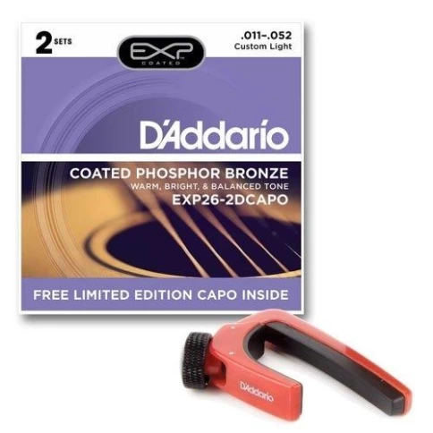 Струны для акустической гитары D'addario EXP26-2DCAPO (2 комплекта+каподастр в комплекте 11-52 фото 1
